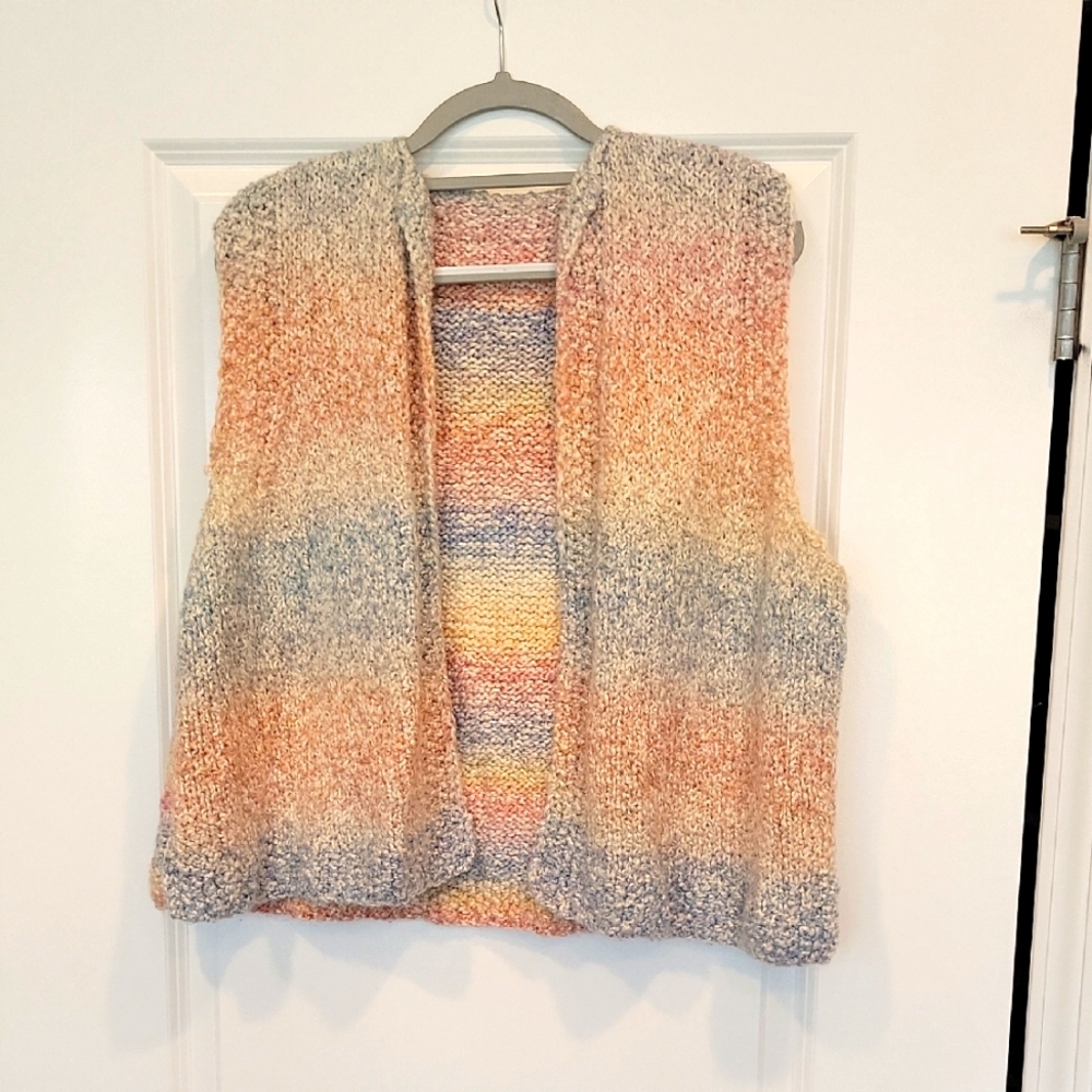 Hand Made Crochet Knit Women's Open Front Sweater Vest Pastel Rainbow One Size